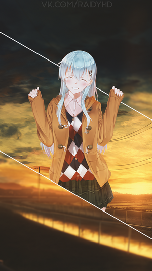 Anime girl with blue hair in a brown jacket