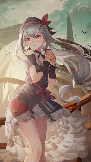 Anime girl with gray hair and red eyes holding a cup