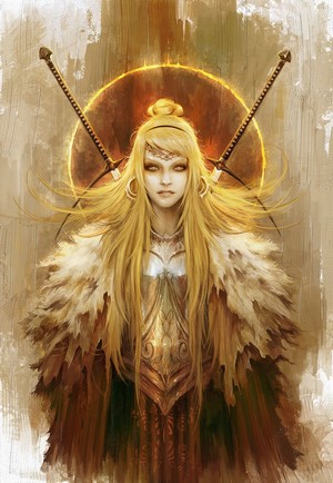 Woman with blonde hair and swords