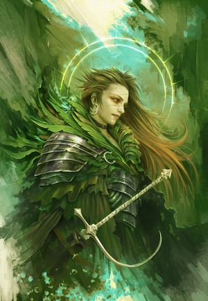 Woman with long hair and armor in green forest