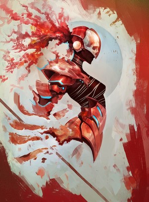 Painting of a robotic figure with a skull head