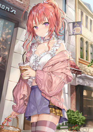 Momoko with pink hair holding a coffee cup