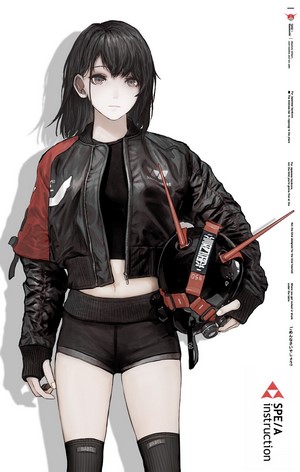 Anime girl with black hair holding a helmet