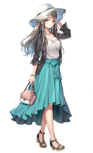 Anime girl in summer outfit with hat and handbag