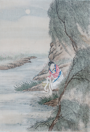 Chinese painting of a woman washing clothes by a river