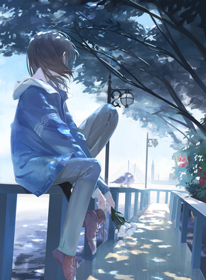 Anime character sitting on a fence with flowers