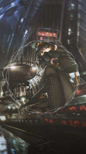 Anime girl with gas mask in futuristic city