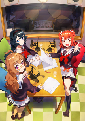 Anime girls in school uniforms in a radio studio