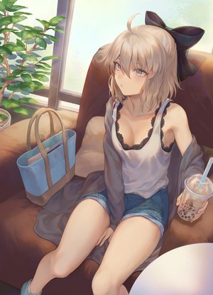 Okita Souji from Fate/Grand Order with a drink