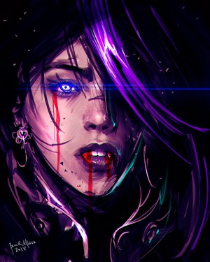 Vampire with glowing eyes and blood