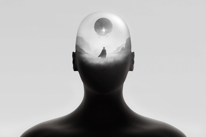 Double exposure of a person with a fantasy landscape inside their head