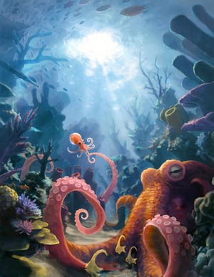 Digital art of octopuses and fish in coral reef