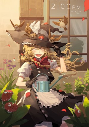 Kirisame Marisa from Touhou watering plants with birds