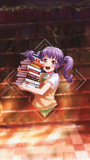 Anime girl with purple twintails holding books in a library