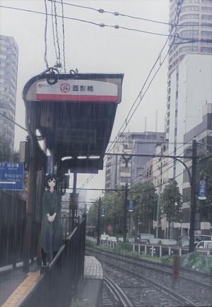 Anime girl at a rainy train station platform