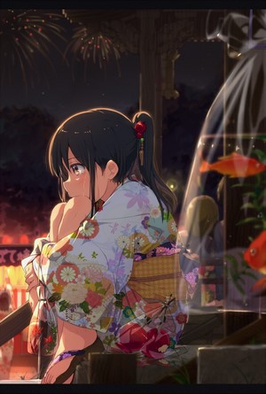 Anime girl in kimono watching fireworks and goldfish