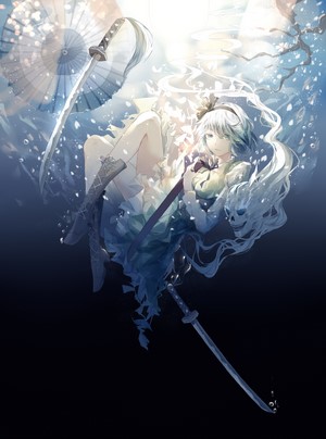 Konpaku Youmu from Touhou underwater with swords