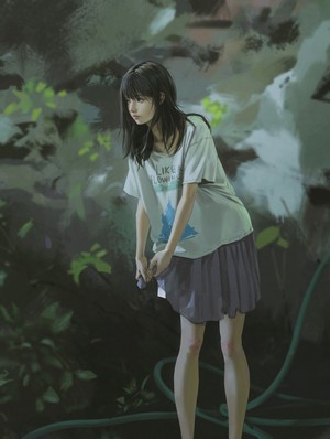 Anime girl with black hair in a t-shirt and skirt