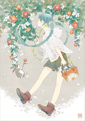 Anime girl with blue hair and rabbit among flowers