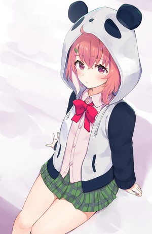 Anime girl in panda hoodie and school uniform