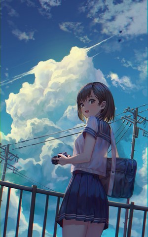Anime girl in school uniform holding a camera
