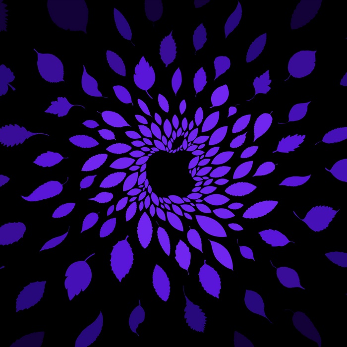 Violet leaves swirling on a black background