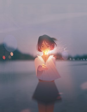 Girl holding a sparkler by the water