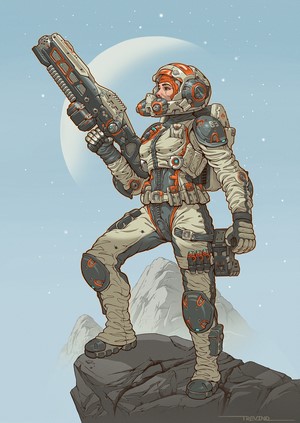 Astronaut holding a futuristic weapon on a rocky planet