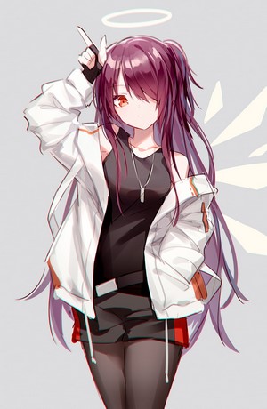 Exusiai from Arknights with purple hair and red eyes