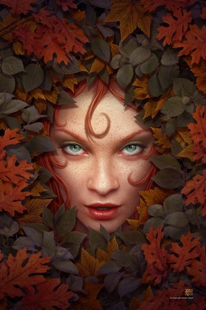 Redhead woman with green eyes surrounded by autumn leaves