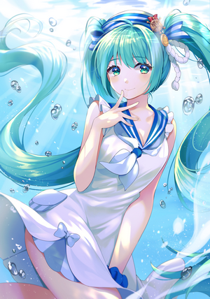 Anime girl with green hair and blue sailor outfit underwater