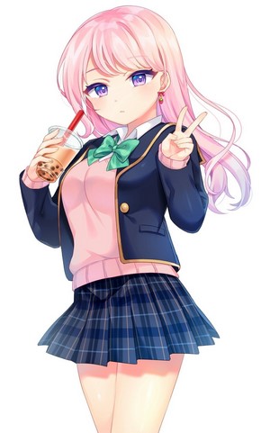 Anime girl with pink hair holding bubble tea