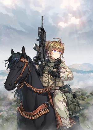 Anime girl in military uniform riding a horse with a rifle