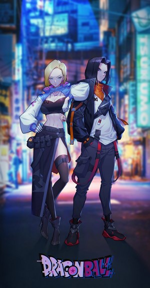 Android 18 and Android 17 from Dragon Ball in a city