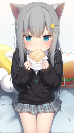 Amashiro Natsuki Cat Girl Eating Melon Bread