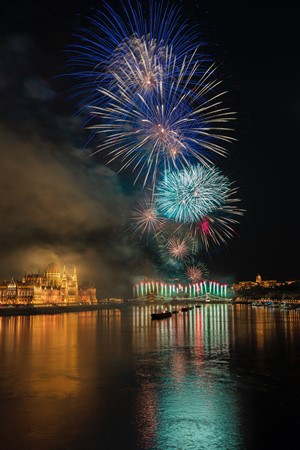 Fireworks over Danube River in Budapest