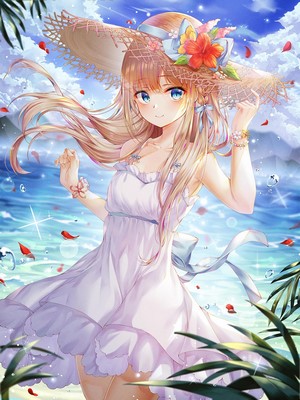 Anime girl in a sun dress and hat at the beach