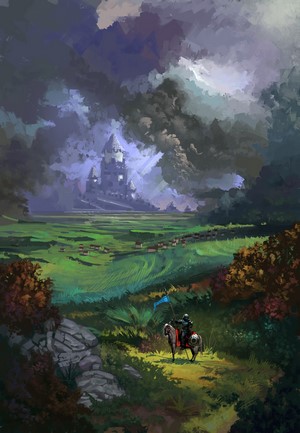 Knight on horseback approaches a castle under stormy clouds