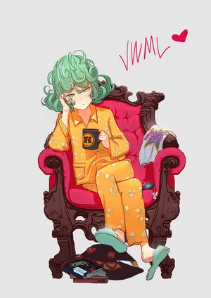 Tatsumaki in Orange Pajamas Sitting in Chair