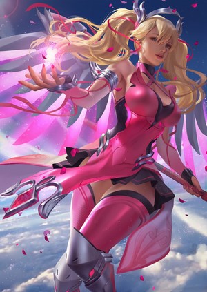 Mercy from Overwatch with pink wings and petals