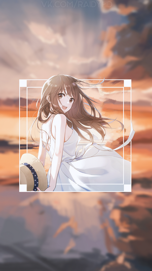 Anime girl in sundress holding a hat at sunset