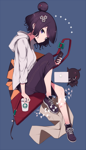 Katsushika Hokusai from Fate/Grand Order with phone and laptop