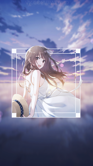 Anime girl in a white dress holding a straw hat
