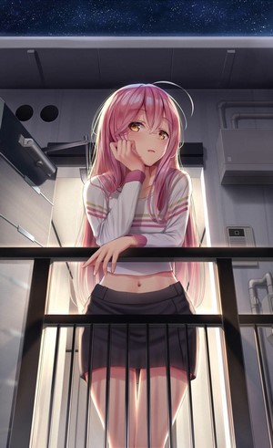 Anime girl with pink hair on a balcony at night