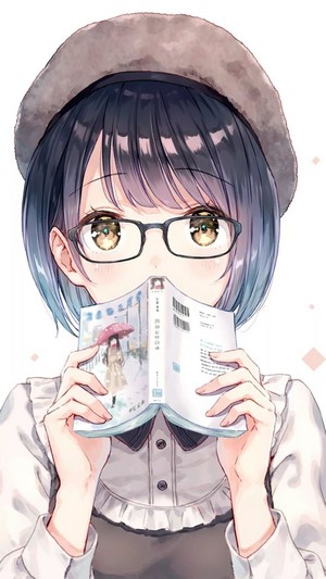 Anime girl with glasses reading a book