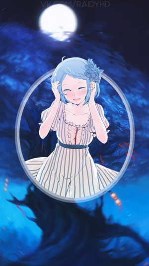 Anime girl with blue hair in a dress under the moon