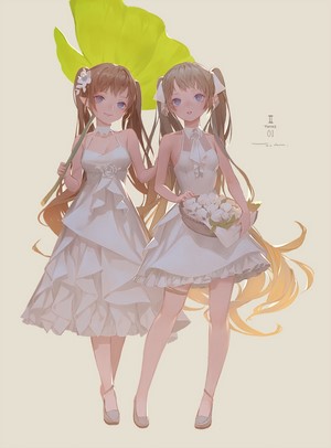Anime twins in white dresses holding a flower