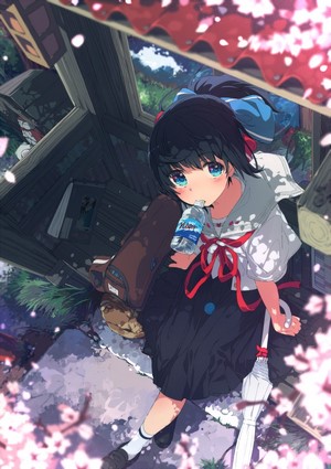 Anime girl with black hair and blue eyes drinking water