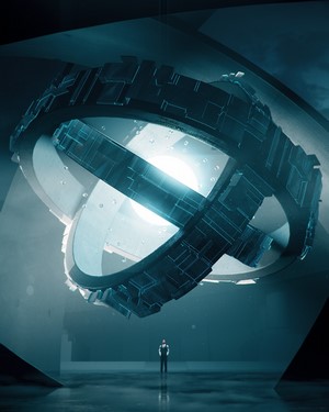Giant futuristic ring structure with a person below