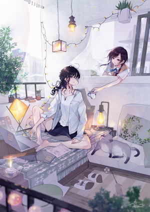 Two anime girls on a balcony with cats and string lights